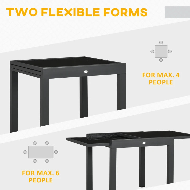 Black Extendable Outdoor Dining Table, Aluminium Frame, Tempered Glass, 80/160 x 80 x 75 cm