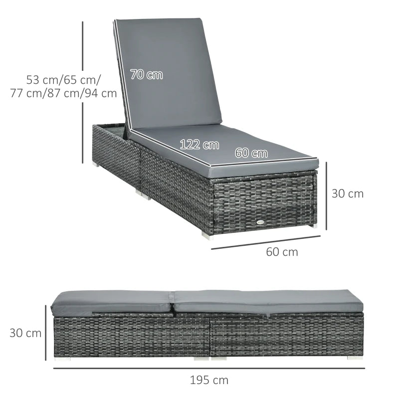 Grey Rattan Sun Lounger with Adjustable Recliner and Cushion