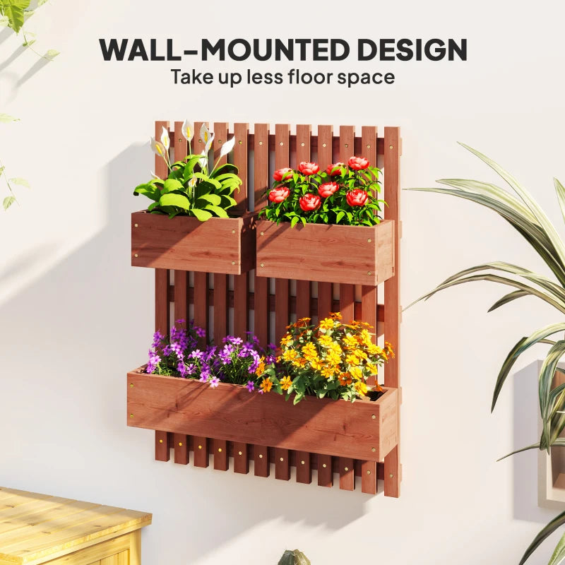 Wall-Mounted Wooden Garden Planters with Trellis - Brown - 3 Planter Boxes with Drainage Holes for Patio - 120cm