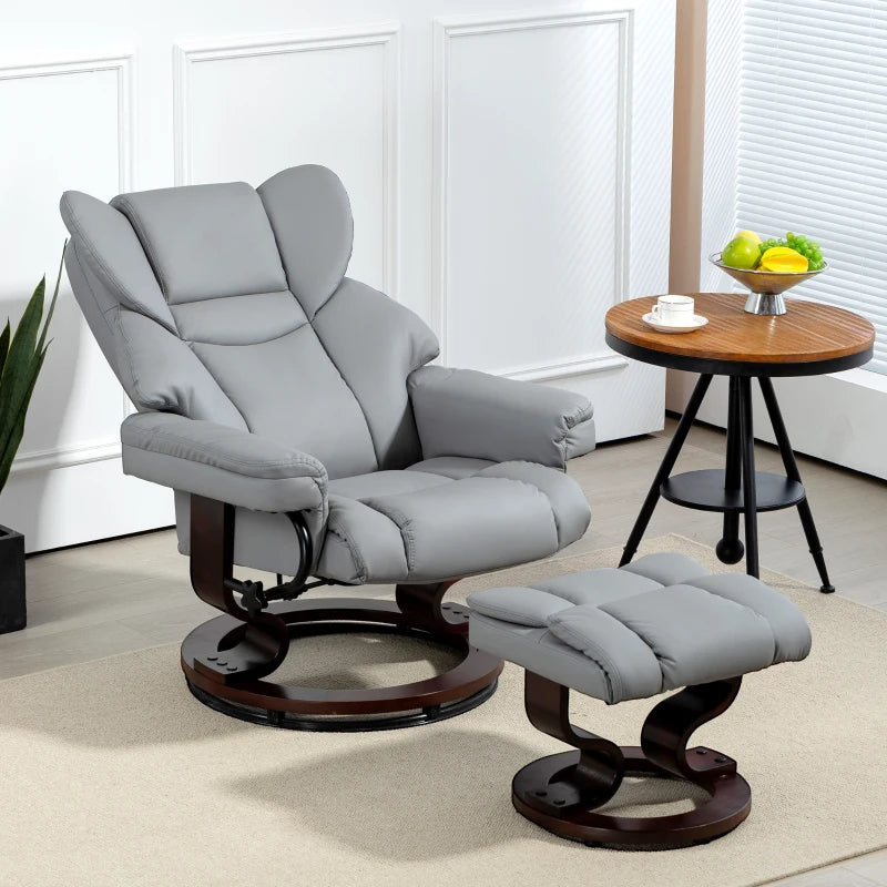 Faux Leather Recliner Chair with Footstool - Swivel Upholstered Armchair with Adjustable Backrest and Solid Wood Base in Light Grey