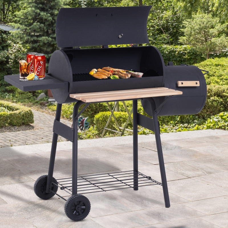 Portable Charcoal BBQ Grill, Cold-Rolled Steel & Solid Wood, Black, 104x124x53 cm