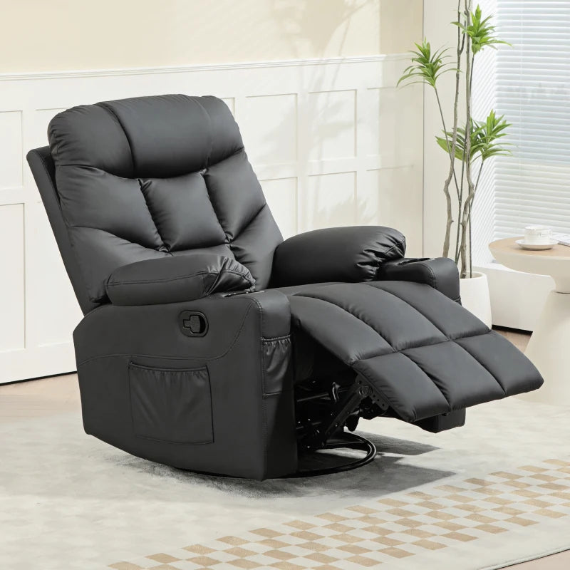 Manual Reclining Armchair with Swivel, Faux Leather, Footrest and Cup Holders - Black, 86x93x102cm