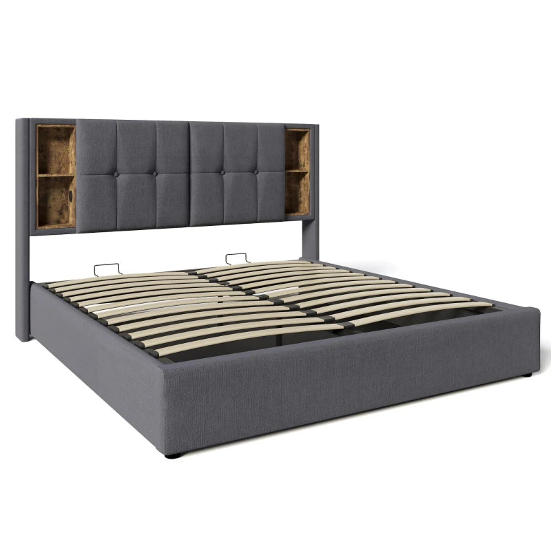 Upholstered King Size Bed Frame with Wireless Charging & Hydraulic Storage - Grey Linen Fabric, 206L x 155W x 100.5H cm