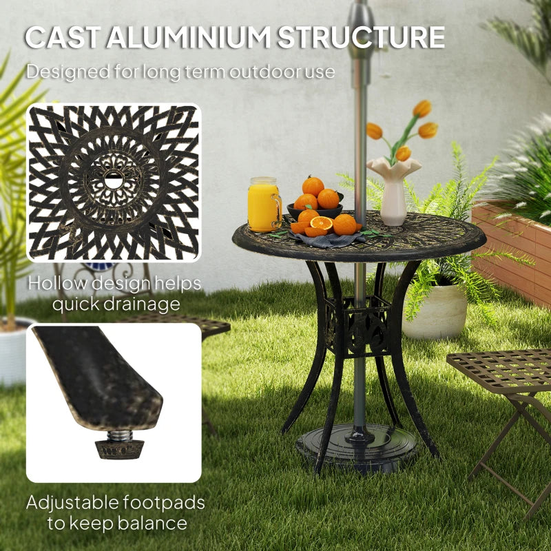 78 cm Round Bronze Tone Garden Dining Table with Parasol Hole - Antique Cast Aluminium Outdoor Table