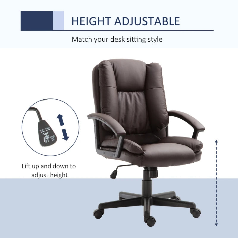 Brown PU Leather Mid Back Office Chair - Adjustable Height, Swivel Rolling Wheels - Ideal for Home Study & Computer Desk
