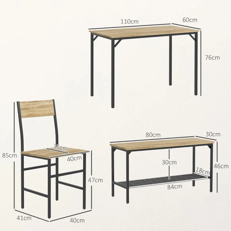 Square Dining Set for 4 - Natural Wood Effect Table, Chairs & Bench Included - Stylish & Durable Furniture