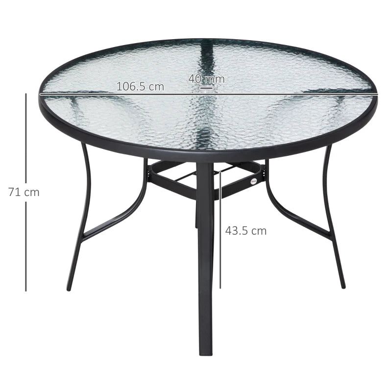 Round Garden Dining Table with Parasol Hole - Black Tempered Glass