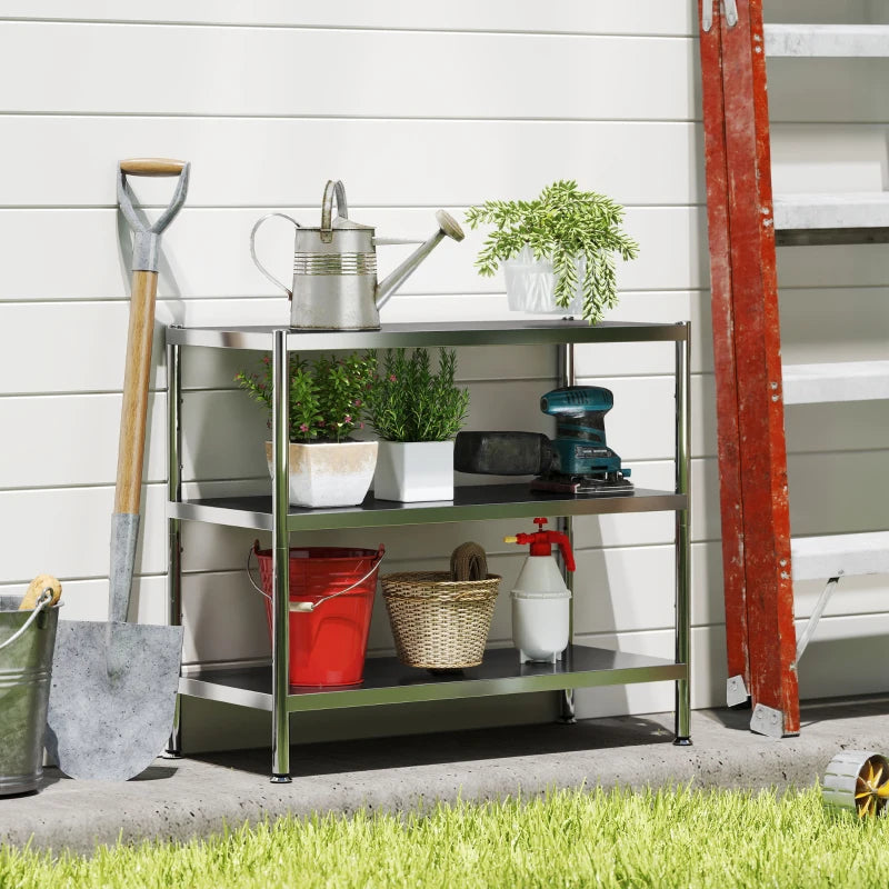 3-Tier Stainless Steel Bakers Rack with Adjustable Shelves - Kitchen Storage Unit for Spices, Pots & Pans - Silver Tone