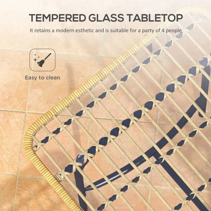 5-Piece Rattan Garden Dining Set with Glass Tabletop - Natural Wood