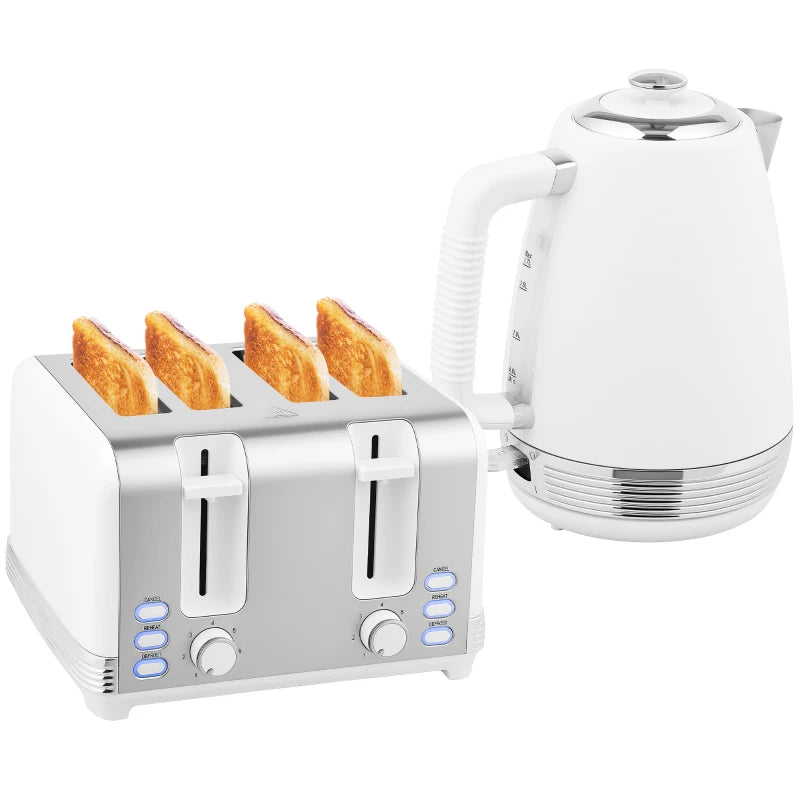 Stainless Steel Kettle & Toaster Set - 1.7L Rapid Boil Jug Kettle with Strix Thermostat & 4 Slice Toaster - White/Silver