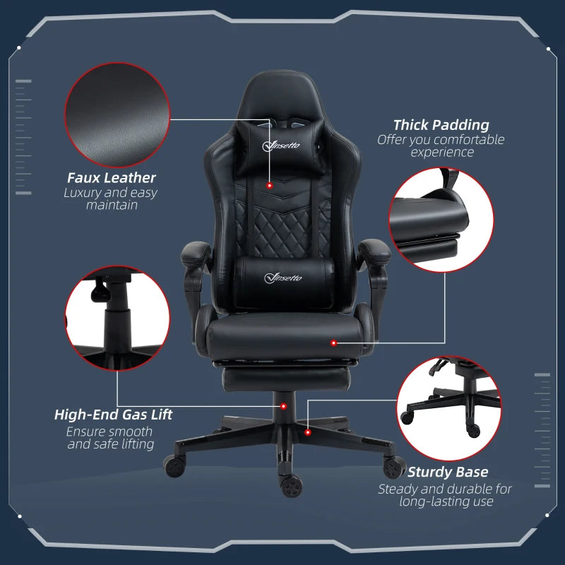 Vinsetto Gaming Chair with Footrest - 130° Recline, Lumbar Support, Adjustable Height - Ergonomic Black Desk Chair for Adults