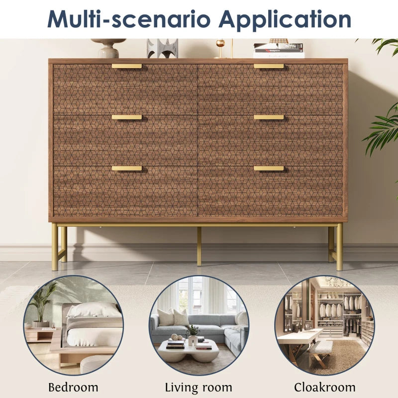 Embossed Wood Chest of Drawers - 6-Drawer Sideboard, Anti-Tip Design, Walnut Finish, 120x40x75 cm for Living Room