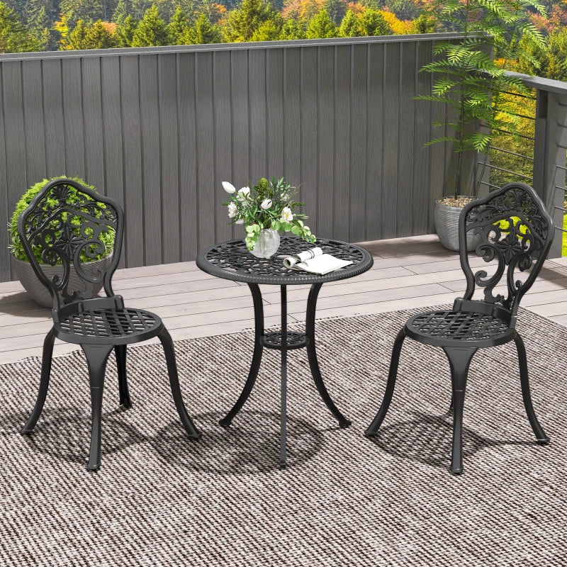 3 Piece Black Cast Aluminium Garden Bistro Set for 2 - Outdoor Coffee Table Set with Parasol Hole, Includes 2 Armless Chairs and Round Coffee Table for Balcony and Patio