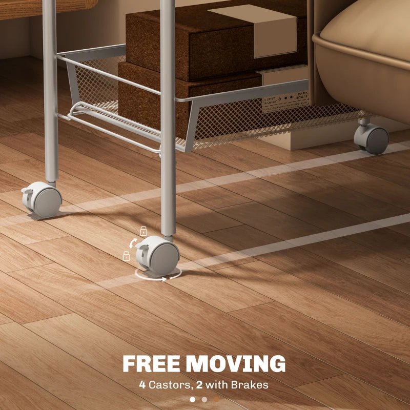 Five-Steel Mesh Storage Trolley with Wheels - Versatile White Basket Organizer for Home, Office, and Kitchen