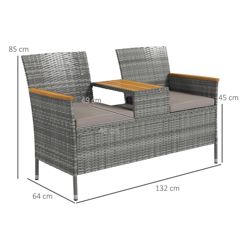 Grey Rattan Loveseat with Wood-Top Table