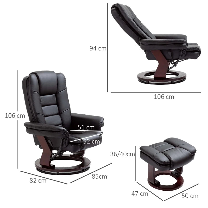 Ergonomic Recliner Chair with Footstool, 130kg Capacity, 135° Reclining Swivel Sofa for Living Room, Black PU Leather