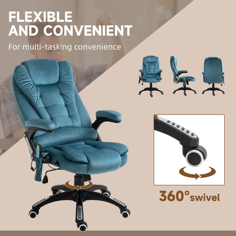 Vinsetto Heated Massage Recliner Chair - 6 Massage Points, Velvet Fabric, 360° Swivel, Blue - Perfect for Office & Relaxation
