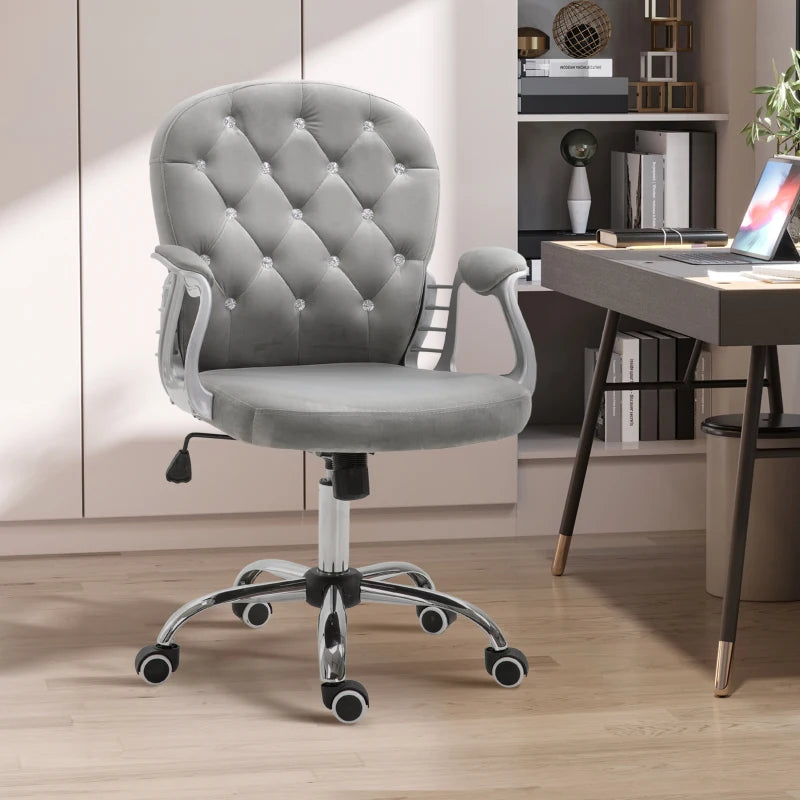 Vinsetto Grey Velvet Office Chair - Swivel Desk Chair with Adjustable Height & Rolling Wheels for Home & Study