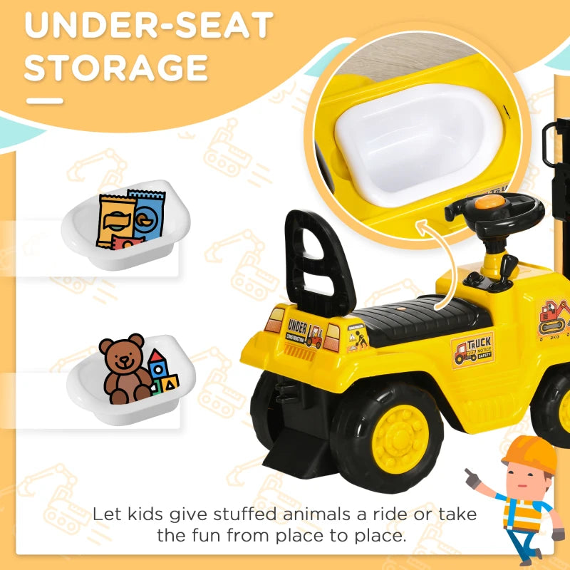 Kids Ride-On Construction Vehicle with Fork and Tray Sounds in Bright Yellow