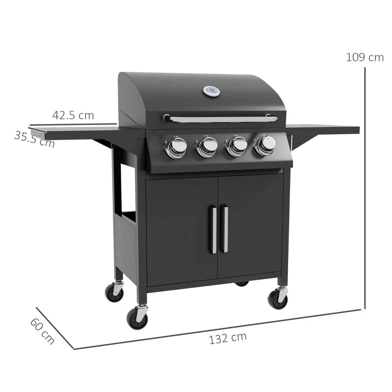 4-Burner Gas BBQ Grill in Black with Warming Rack & Storage
