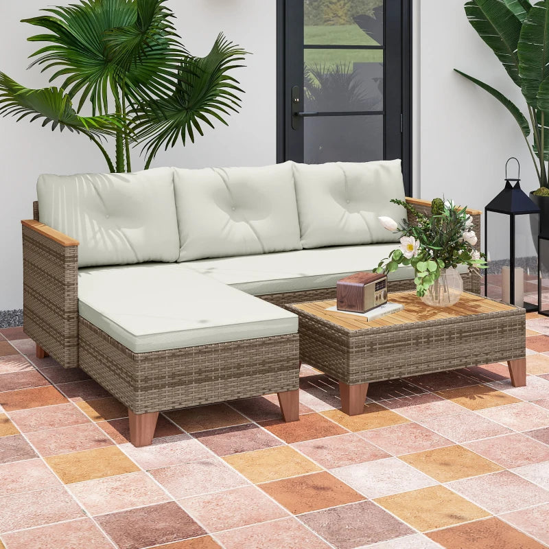3-Piece Rattan Garden Furniture Set - L-Shaped Chaise Lounge & Coffee Table with Cushions