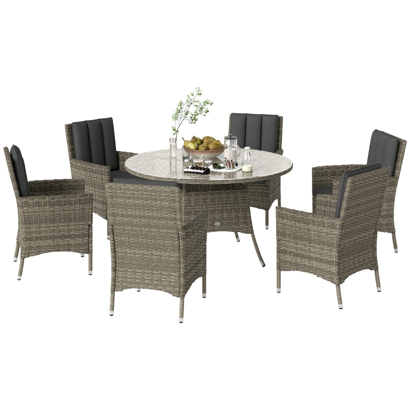 Light Grey Seven-Piece Rattan Dining Set with Round Glass Top Table for Outdoor Patio