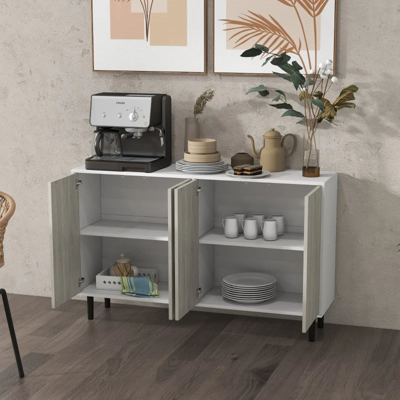 Modern White Kitchen Sideboard Storage Cabinet with Adjustable Shelves, 4 Doors & Pine Wood Legs for Living Room
