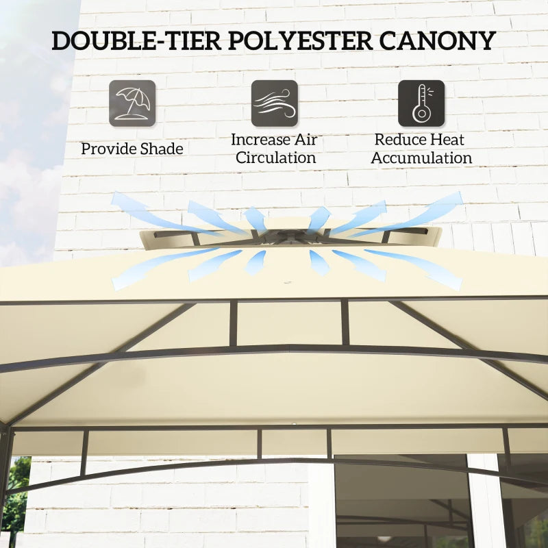 8' x 5' Beige Double Tiered Grill Gazebo Canopy with Side Shelves and Storage Baskets for Outdoor BBQ, Patio, and Picnic