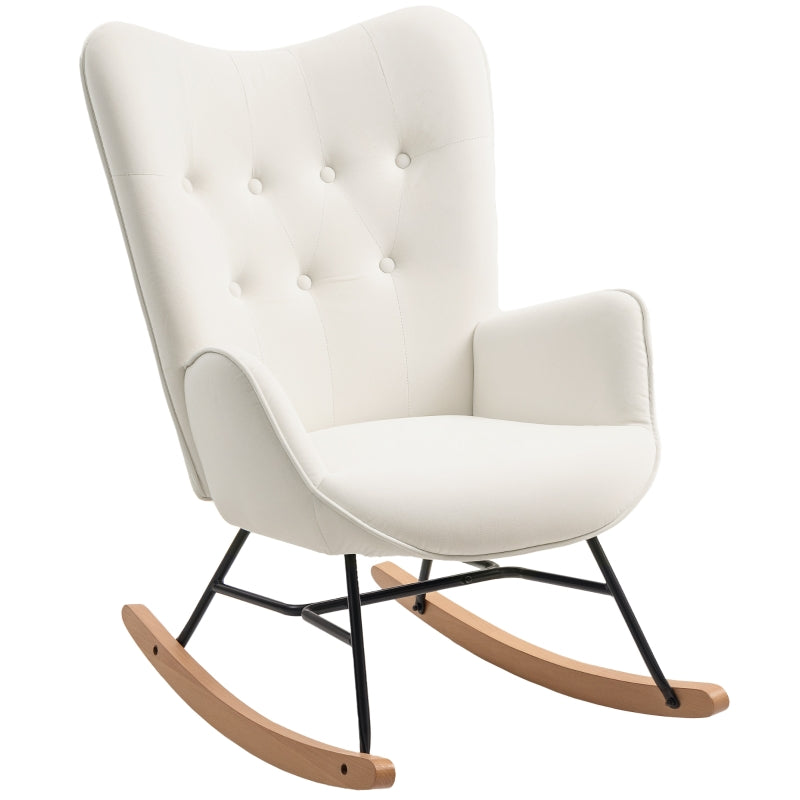 Modern Velvet Rocking Chair with Solid Wood Legs and Metal Frame for Living Room and Bedroom, Cream