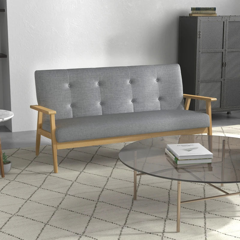 Modern 3-Seater Sofa in Dark Grey Linen Fabric with Tufted Design and Rubberwood Legs for Living Room