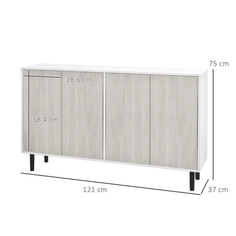 Modern White Kitchen Sideboard Storage Cabinet with Adjustable Shelves, 4 Doors & Pine Wood Legs for Living Room