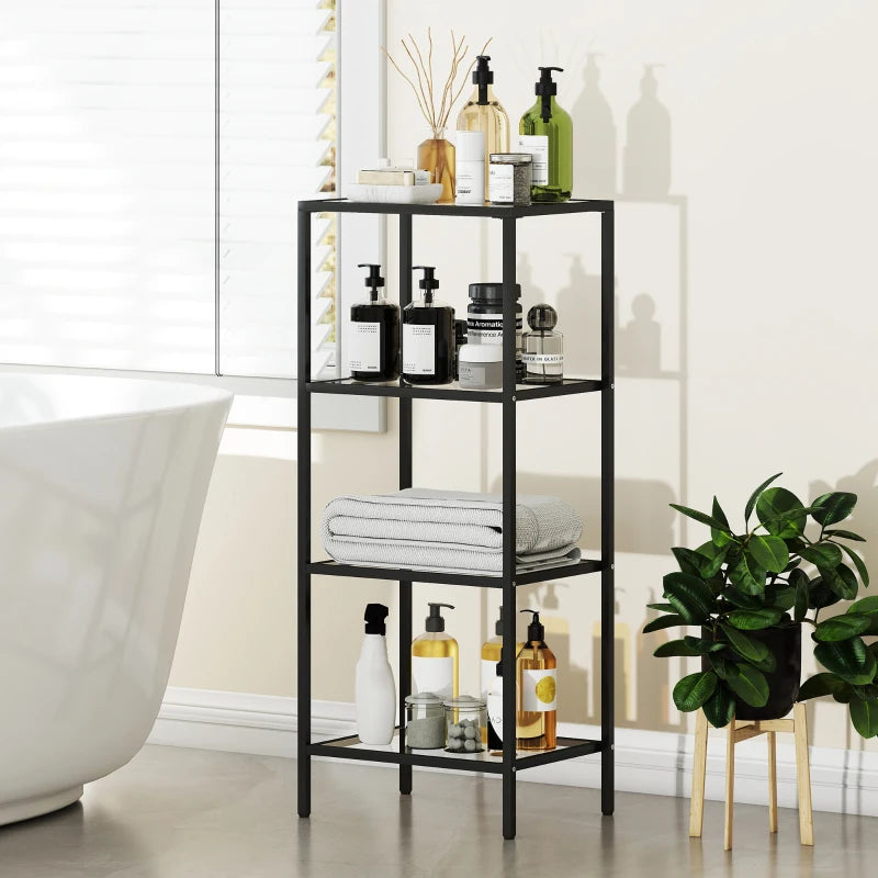 4-Tier Glass Shelving Unit - Stylish Vertical Storage Shelf for Living Room, Home Office, Bedroom & Bathroom - Black