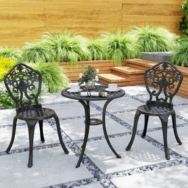 3 Piece Black Cast Aluminium Garden Bistro Set for 2 - Outdoor Coffee Table Set with Parasol Hole, Includes 2 Armless Chairs and Round Coffee Table for Balcony and Patio