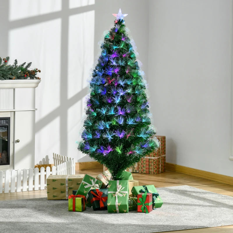 5FT Multicoloured Artificial Christmas Tree with Fibre Optic Lights, Pre-Lit Modes, Metal Stand & Star Holder - Festive Home Decoration