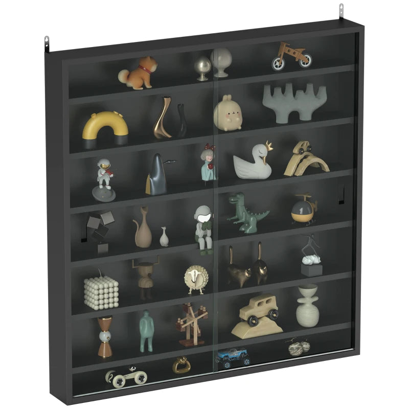 Modern Black Six Shelf Display Cabinet with Glass Doors - Stylish Storage Solution for Home or Office