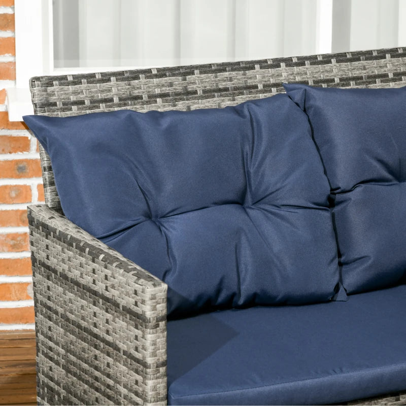 8-Seater Rattan Corner Sofa With Glass Table & Blue Cushions
