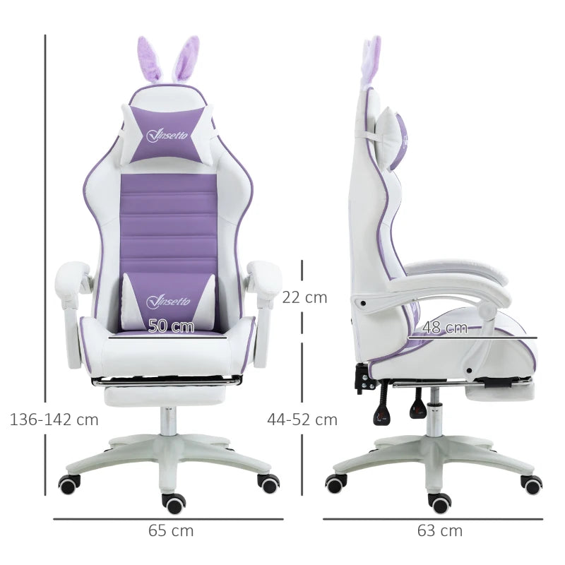 Vinsetto Purple Racing Gaming Chair - Reclining PU Leather with Removable Rabbit Ears, Footrest, Headrest & Lumbar Support