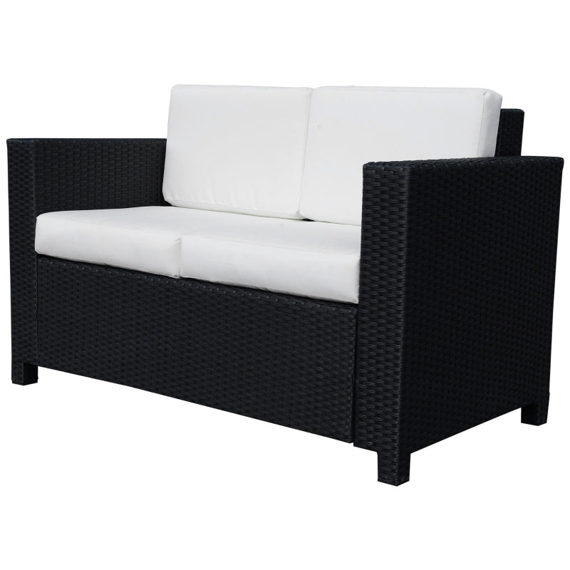 Black Rattan 2 Seater Garden Sofa with Soft Padded Cushions and Armrests - Wicker Loveseat for Patio
