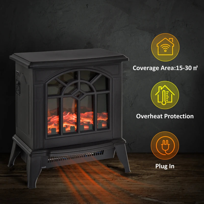 Freestanding 1000W 2000W Electric Fireplace Indoor Heater with Thermostat and LED Flame Effect Black