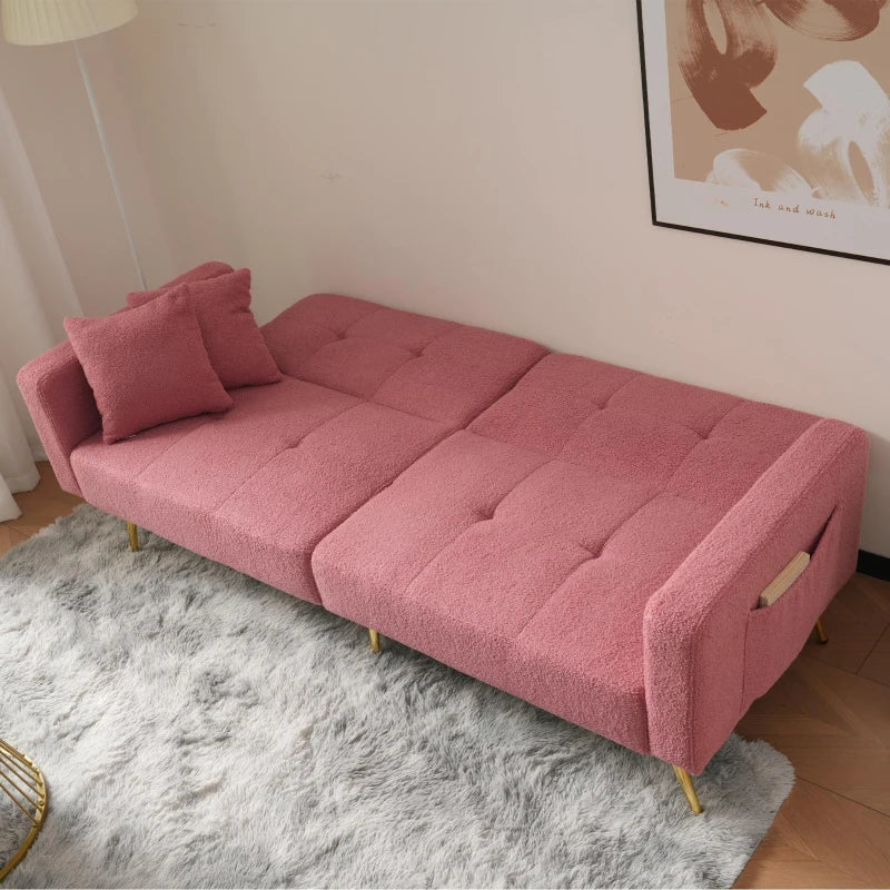 Adjustable Backrest Sofa Bed with Gold Legs and Side Pockets, Sherpa Fabric, Pink, 176L x 64W x 75H cm
