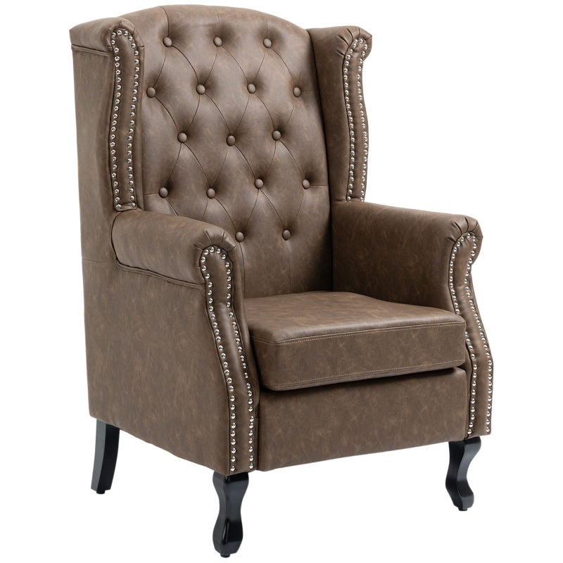 Tufted Chesterfield-Style Wingback Accent Chair with Nail Head Trim for Living Room or Bedroom in Brown