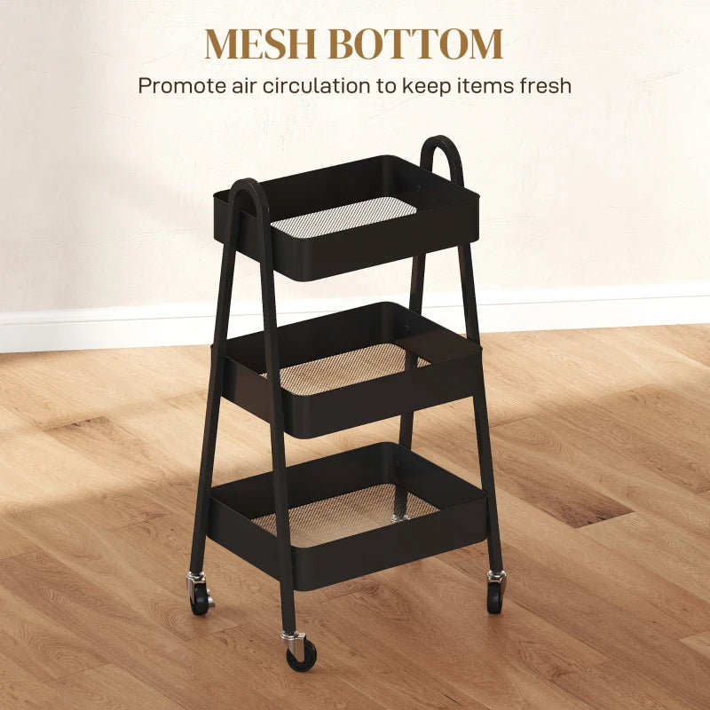 Versatile Three-Tier Black Storage Trolley - Stylish Organizer Cart for Home, Office, Kitchen & Bathroom
