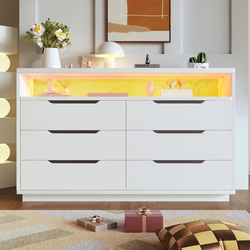 Modern Marbled 6-Drawer Sideboard with RGB LED Lighting - Stylish Storage Cabinet for Living Room & Home Office, 120x40x85 cm, White