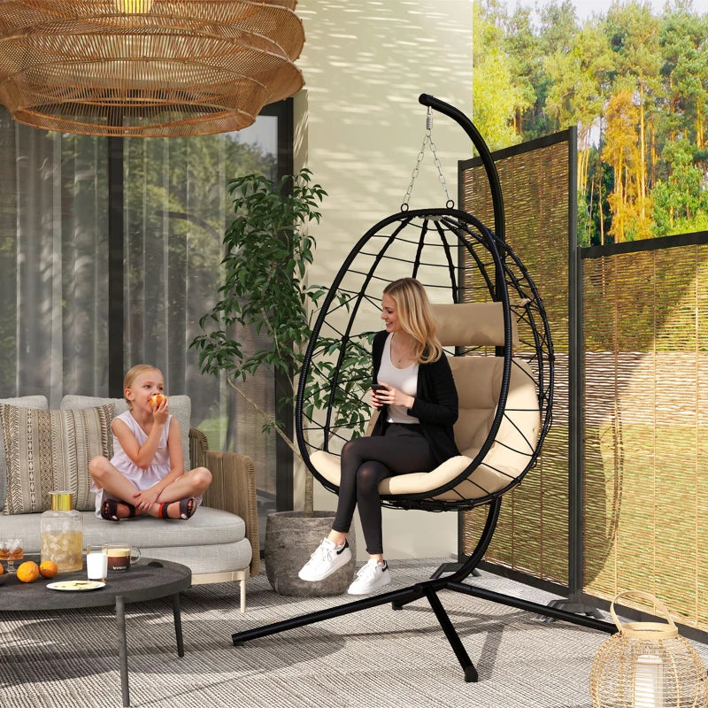 Hanging Egg Chair - Outdoor Indoor Garden Swing Chair with Folding Basket, Thickened Cushion, Headrest - Khaki - Perfect for Patio and Balcony
