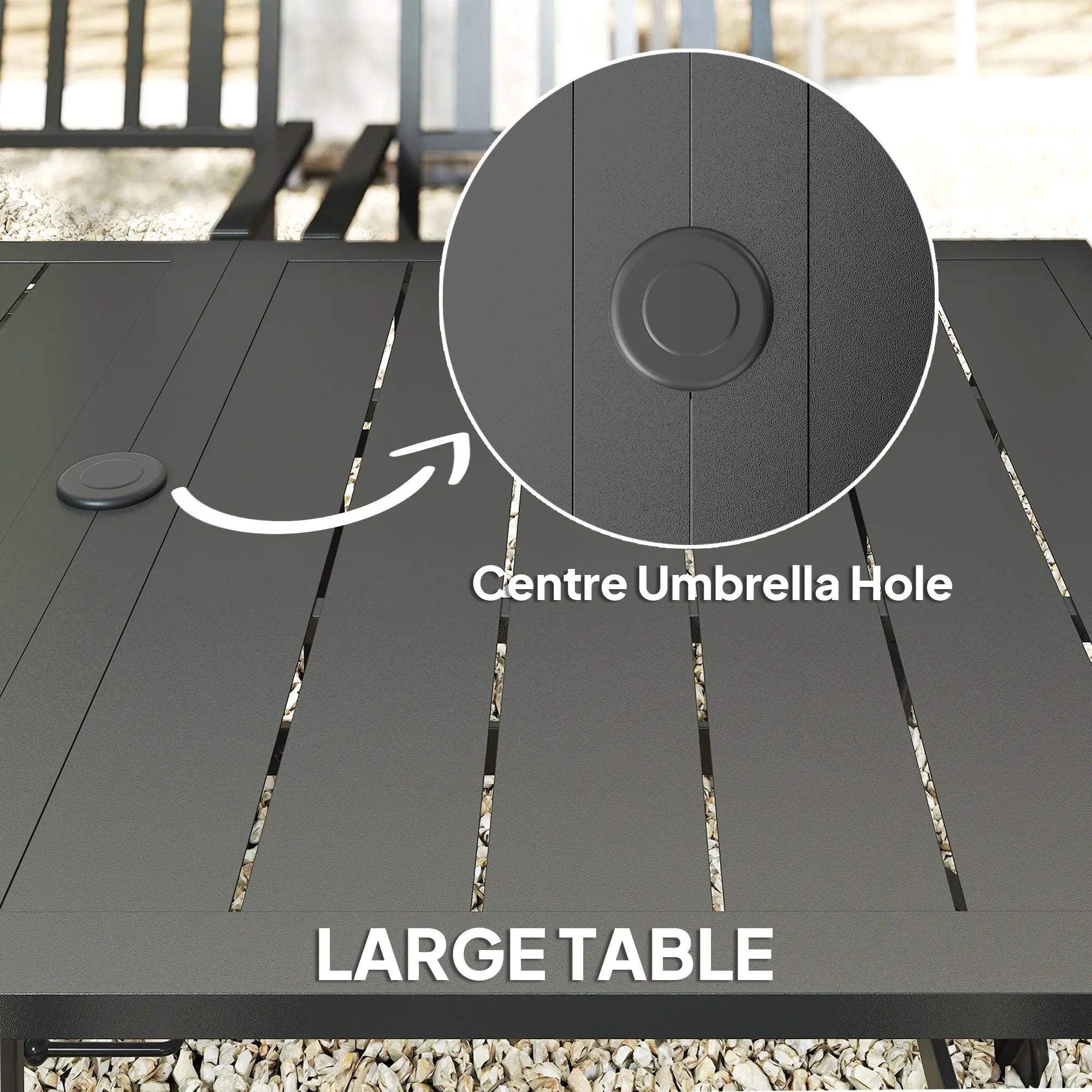 Black Metal 7 Piece Garden Dining Set With Umbrella Hole & Table Plus Stackable Chairs