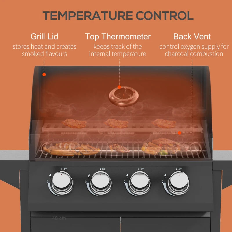 4-Burner Gas BBQ Grill in Black with Warming Rack & Storage