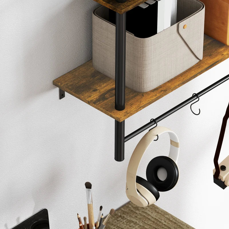 Rustic Wall Mounted Floating Shelves with 4 Hooks - Stylish Shelf Unit for Living Room & Entryway - Rustic Brown Finish