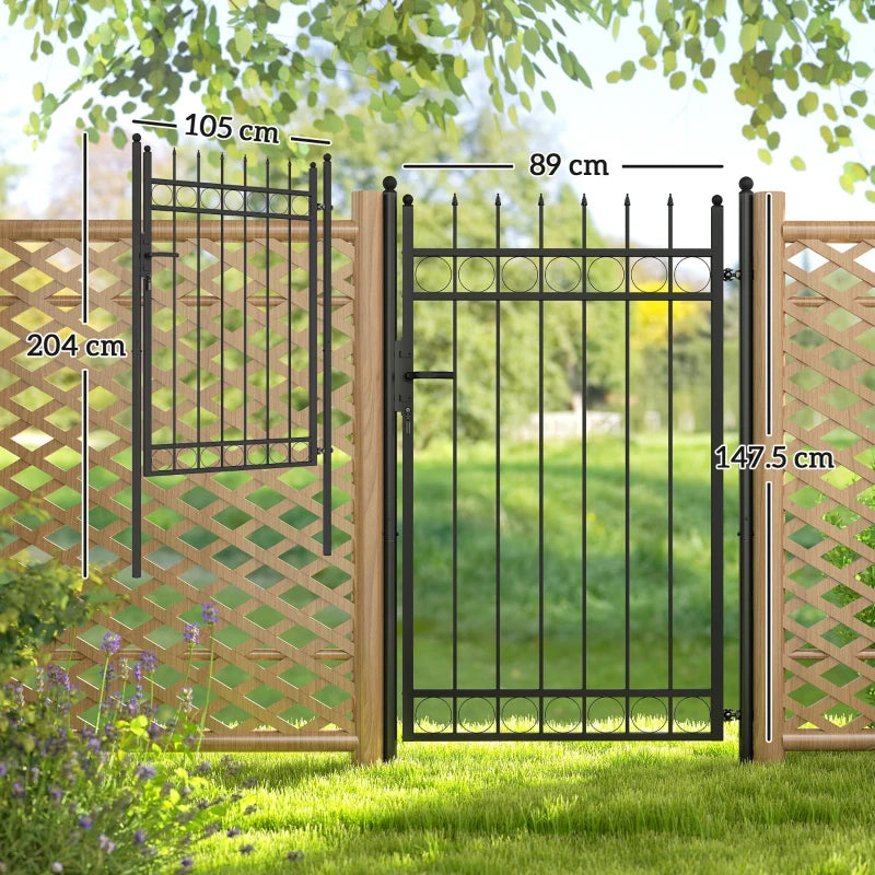 Galvanised Steel Garden Gate with Lock, Keys & Handle - Black Outdoor Security Barrier 105x204 cm