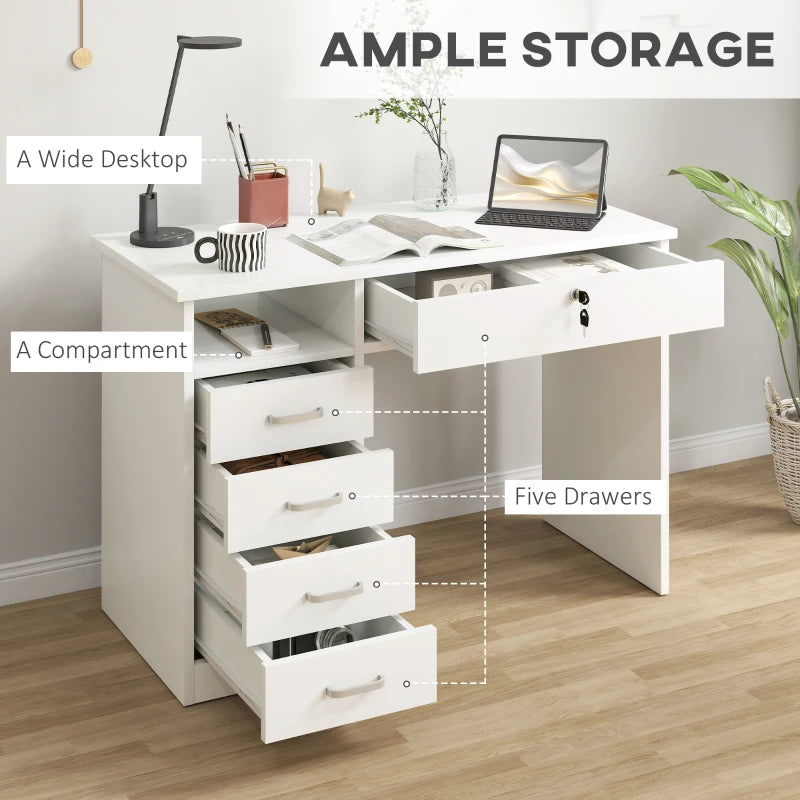 Modern Home Office Computer Desk with Lockable Drawer and Storage Shelf for Study or Bedroom 110x50x76 cm White