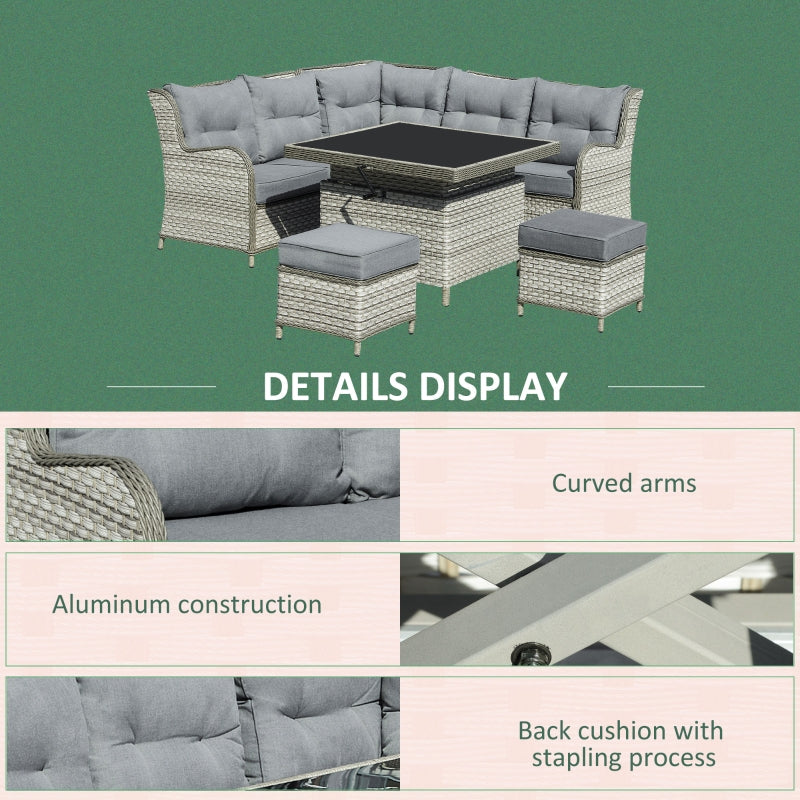 Grey 6-Piece PE Rattan Outdoor Dining and Sofa Sectional Set with Aluminium Frame